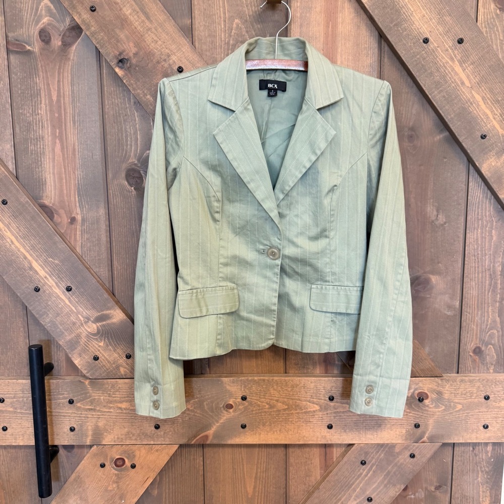 BCX Pinstripe Blazer Women Size S Green Good Sage Tailored Career Jacket